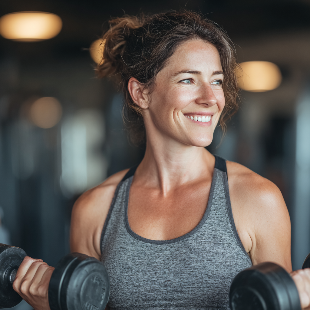 Confident woman in her forties working out with dumbbells in modern gym, smiling while performing strength training exercises