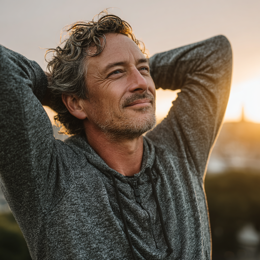 Happy middle-aged man in his fifties stretching outdoors in park setting, demonstrating flexibility and wellness after completing fitness routine